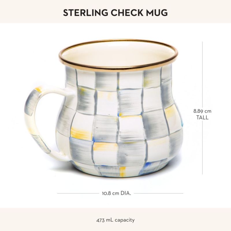 Taza de esmalte MACKENZIE-CHILDS 473 ml a cuadros gris y blanco