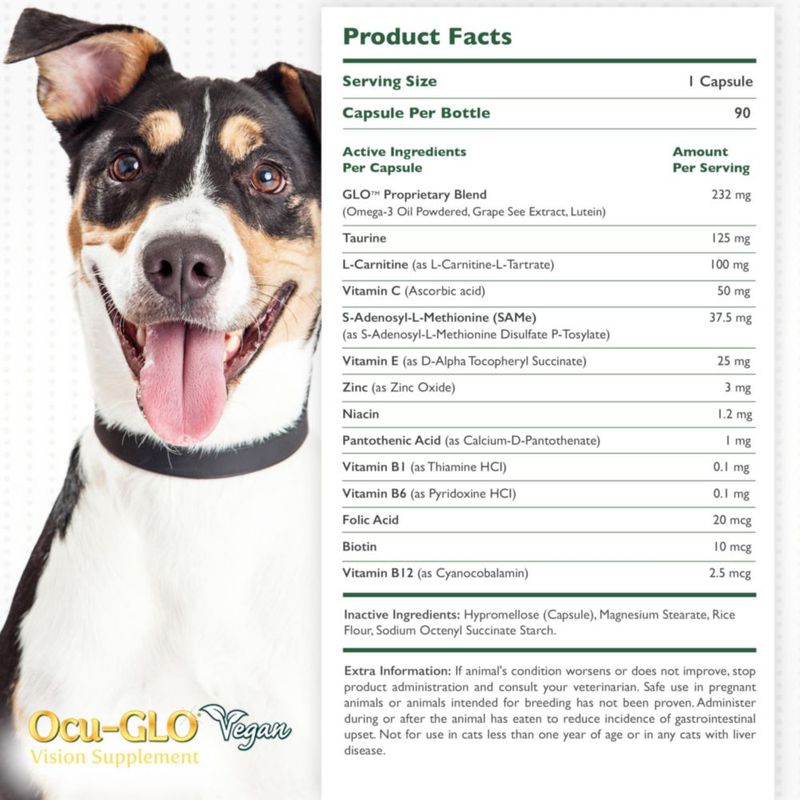 Suplemento Ocu-GLO Vegan Vision para perros y gatos adultos 90 cápsulas