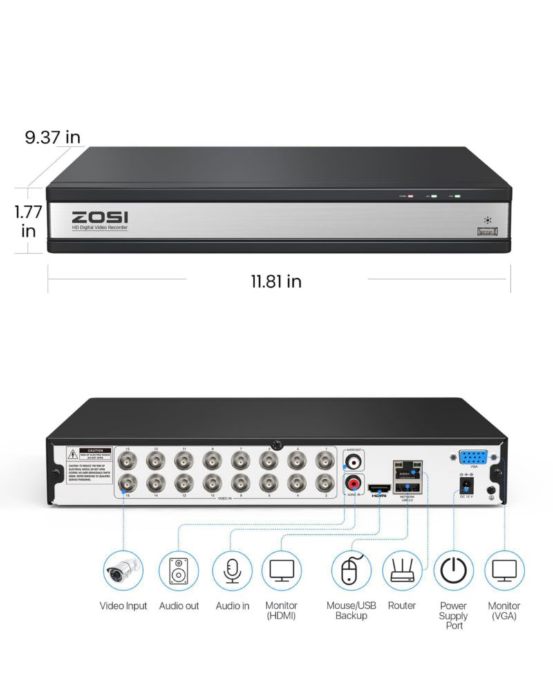DVR ZOSI H.265+ 1080P de 16 canales con detección de personas y vehículos por IA