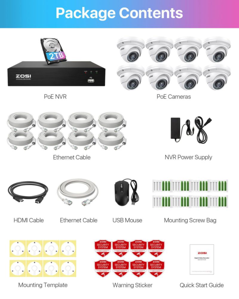 Sistema de cámaras de seguridad ZOSI 4K 8 canales 2 TB PoE tipo domo 5 MP
