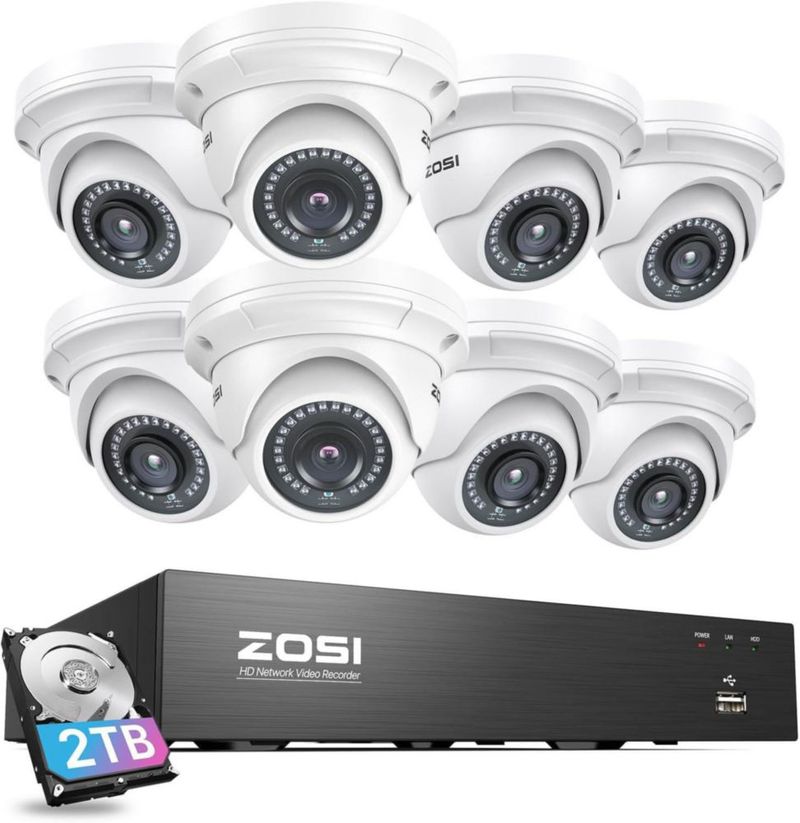 Sistema de cámaras de seguridad ZOSI 4K 8 canales 2 TB PoE tipo domo 5 MP