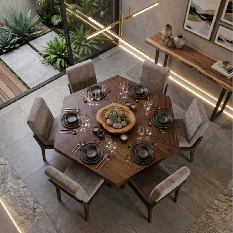 Comedor cómodo de madera hexagonal con 6 sillas color gris