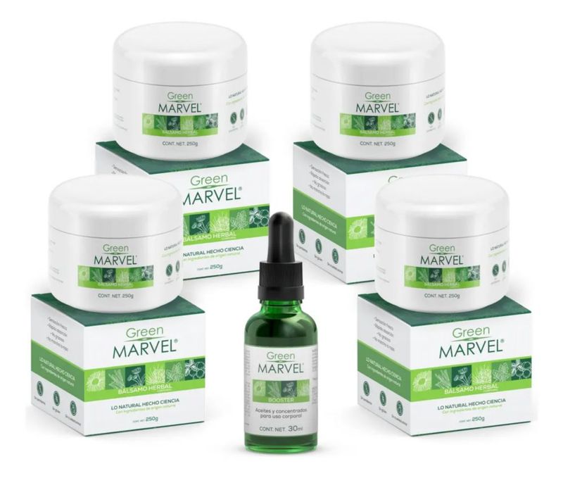 Green Marvel Bálsamo Herbal Natural 4 Tarros de 250 Gramos + Booster Aceite Concentrado Natural Menthol