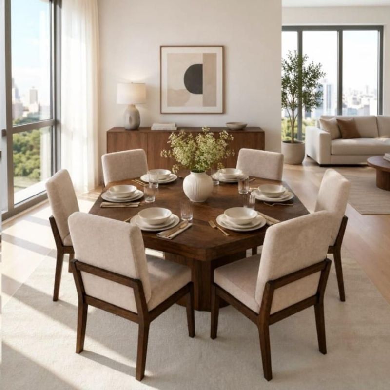 Comedor de madera hexagonal con 6 sillas color beige