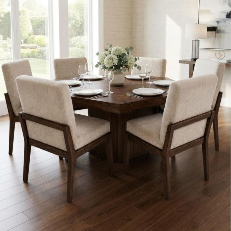 Comedor de madera hexagonal con 6 sillas color beige