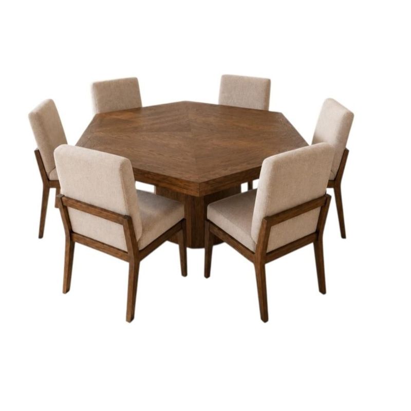 Comedor de madera hexagonal con 6 sillas color beige