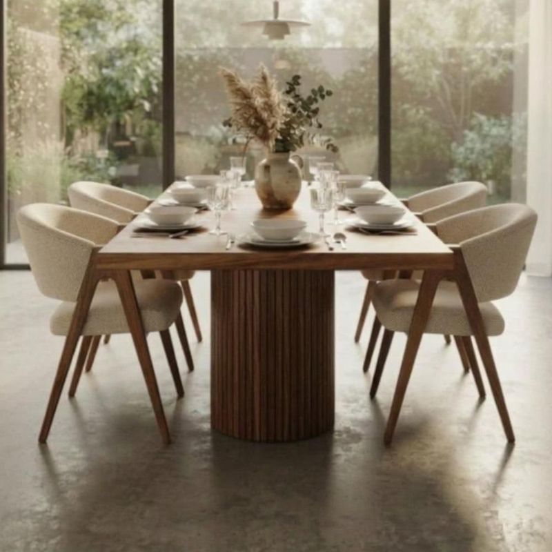 Comedor moderno rectangular de madera con 6 sillas color beige