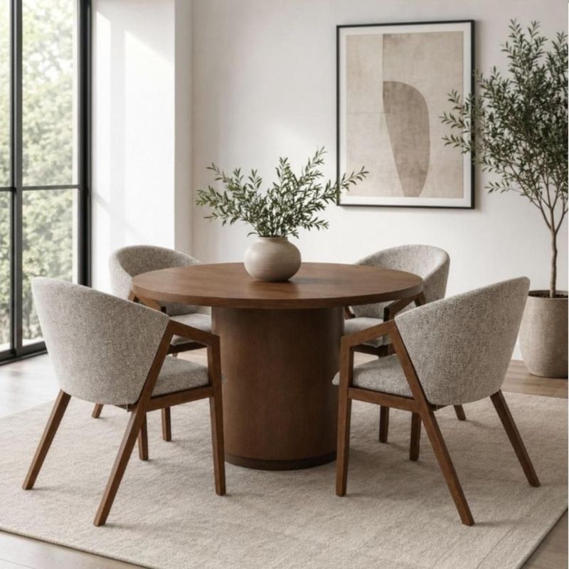 Comedor circular moderno cómodo de madera con 4 sillas color gris