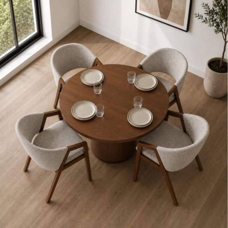 Comedor circular moderno cómodo de madera con 4 sillas color gris