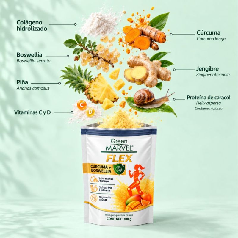 Green Marvel Flex Bebida En Polvo Con Colágeno Y Boswellia De 180 Gramos