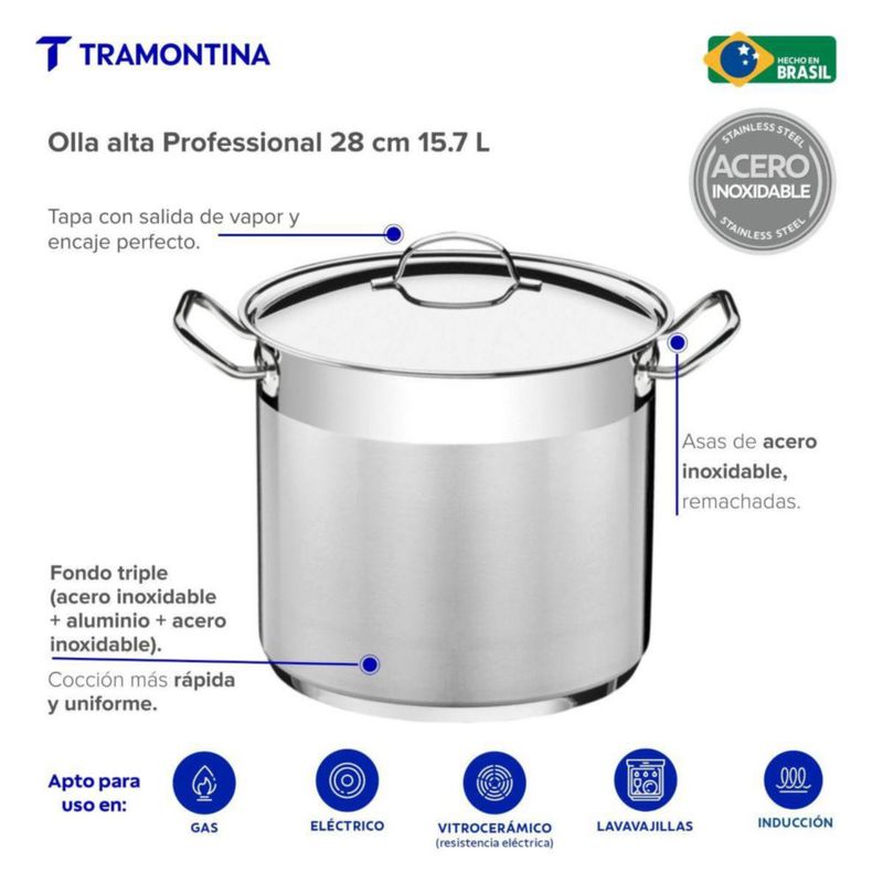 Olla Alta 28 cm Tramontina Professional Acero Inoxidable Fondo Triple Plata
