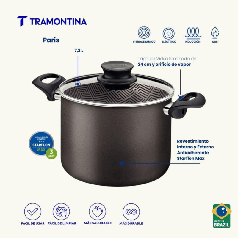 Olla Alta 24 cm Tramontina Paris Aluminio Antiadherente Plomo