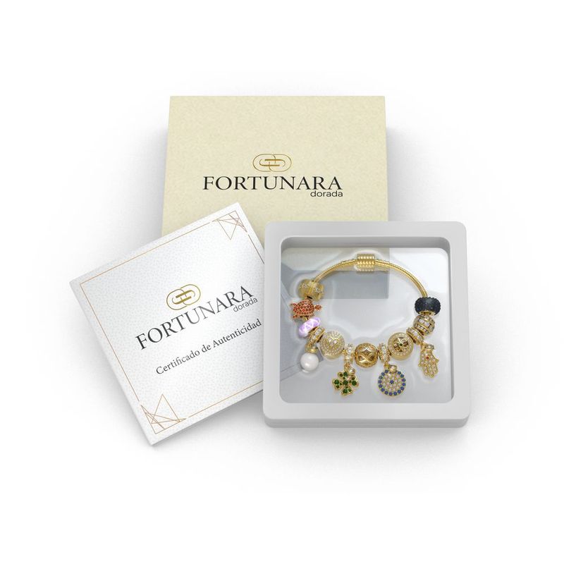 Pulsera Fortunara Elegante 12 Charms Baño De Oro 18k