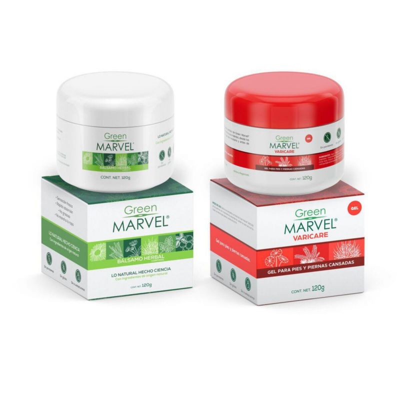 Green Marvel Bálsamo Herbal Natural Y Green Marvel Varicare Gel Para Piernas Cansadas 2 Tarros de 120 Gramos