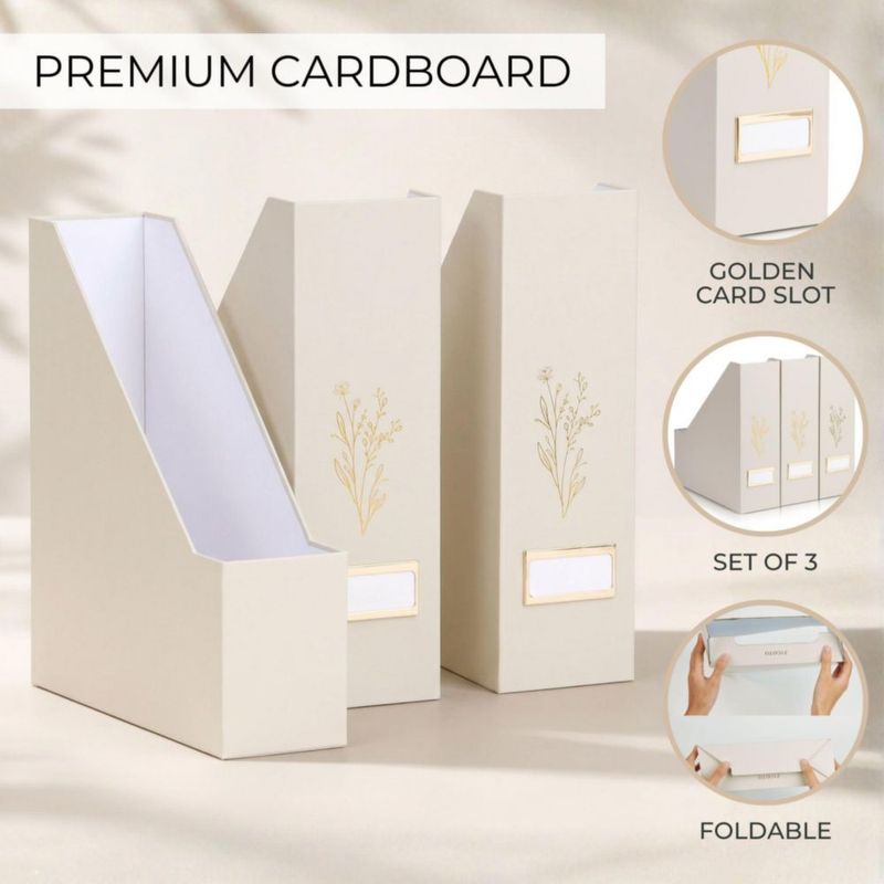 Juego de 3 porta revistas ZICOTO en beige y dorado