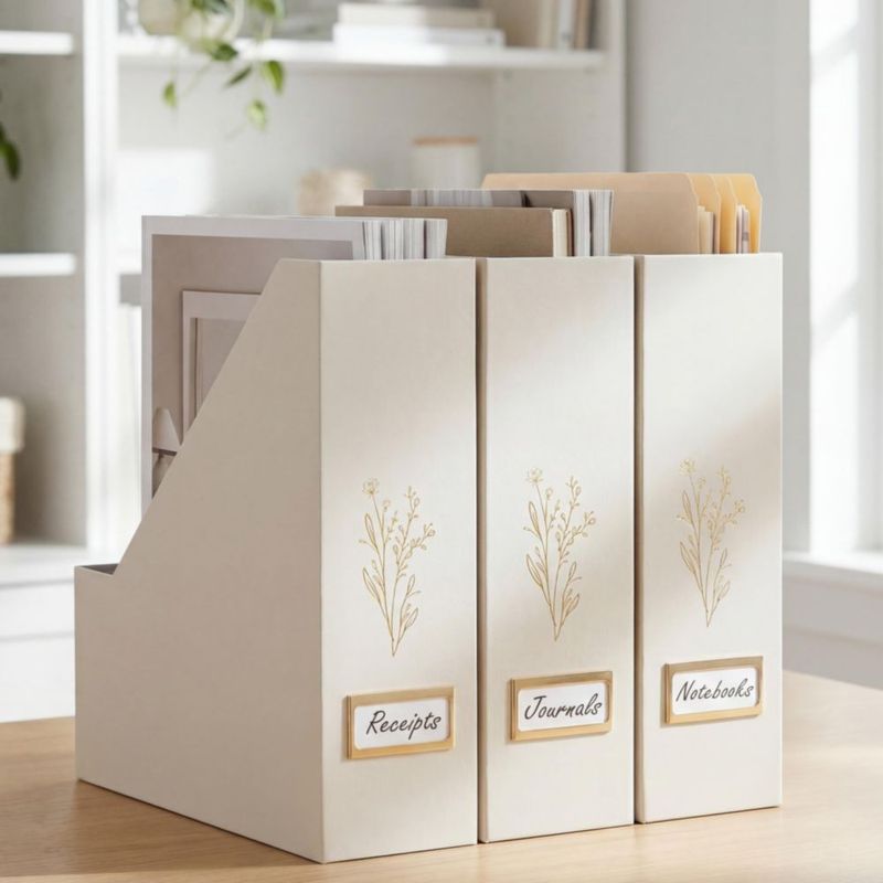 Juego de 3 porta revistas ZICOTO en beige y dorado
