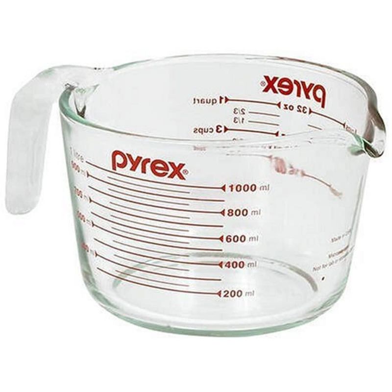 Vaso medidor Pyrex Prepware de 1 cuarto de galón con marcas rojas transparentes