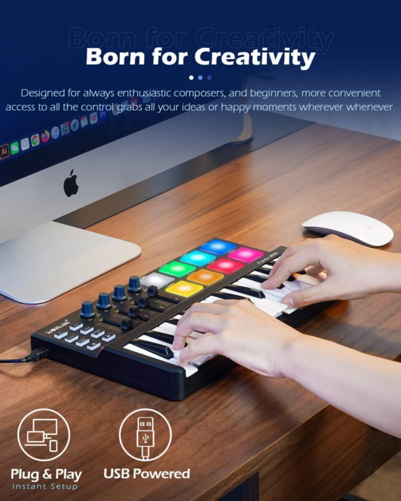Teclado MIDI Vangoa de 25 teclas USB negro con pads de percusión