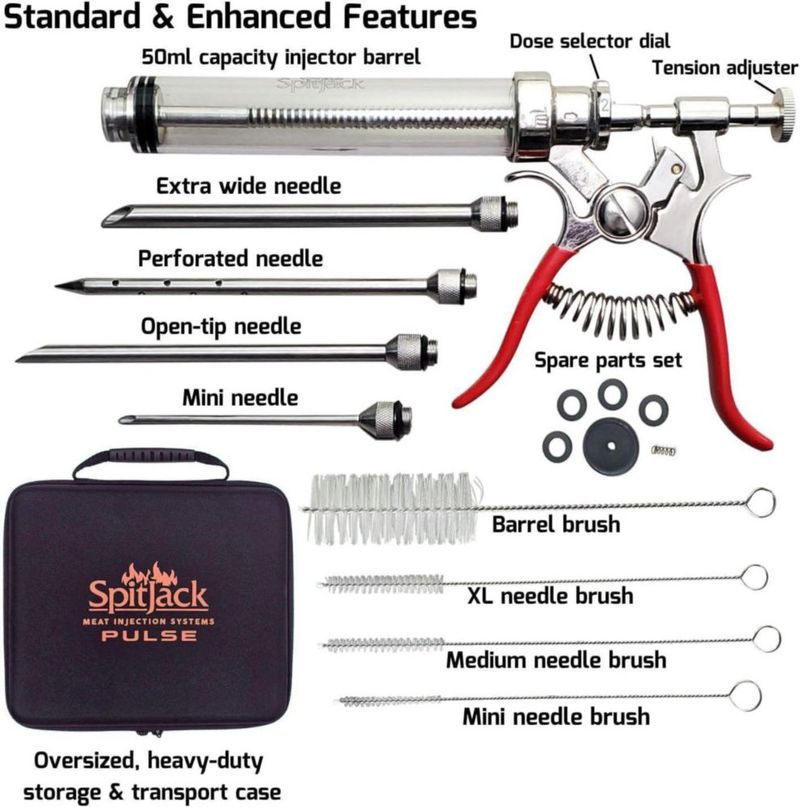 SpitJack PULSE Jeringa Inyectora de Carne Kit de Inyección de Marinada para BBQ para Pecho de Res Paleta de Cerdo y Pollo 50 ml con 4 Agujas de Acero