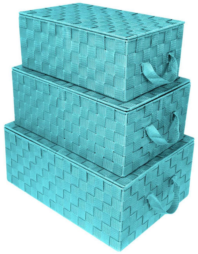 Juego de 3 Cestas de Almacenamiento Tejidas Sorbus en Color Aqua con Tapa