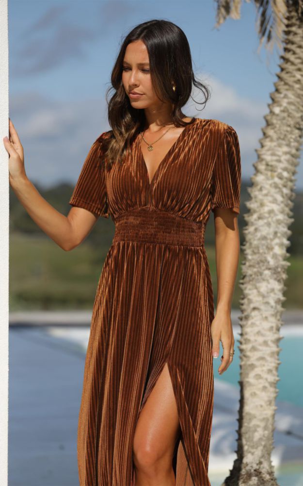 Vestido Maxi de Terciopelo Naranja Quemado Maxigerui - Talla L