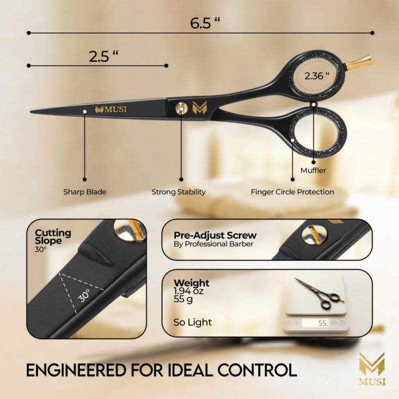 Tijeras de peluquería MUSI 16 cm negro mate profesional