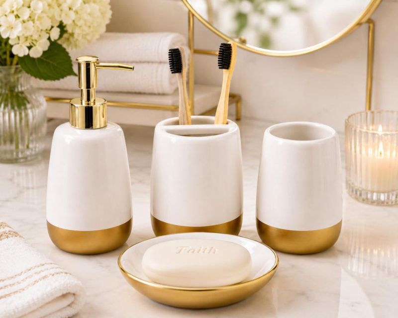 Set de accesorios de baño de cerámica blanco y dorado – 4 piezas