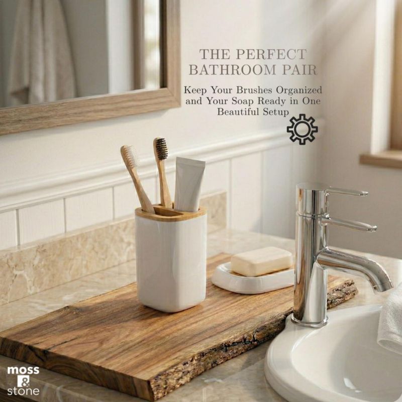 Juego de baño Moss & Stone de 6 piezas blanco y bambú