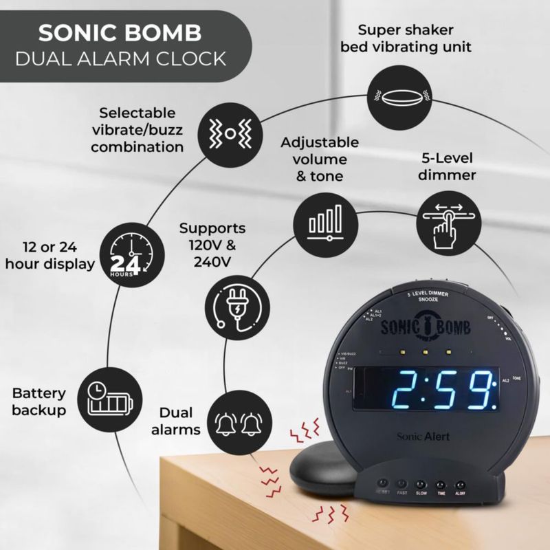 Reloj despertador Sonic Alert Sonic Bomb con agitador de cama negro