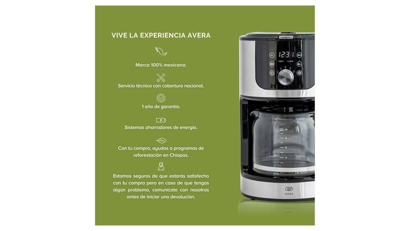 Cafetera automática con Molino Integrado hasta 10 tazas Avera CAF01