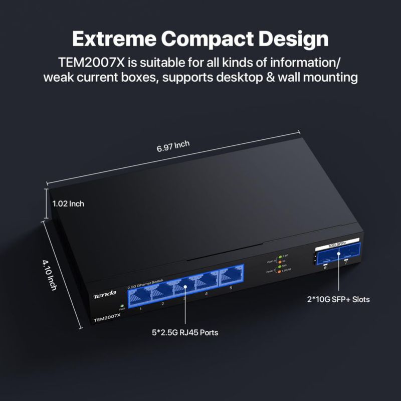 Conmutador Ethernet Tenda TEM2007X de 5 puertos y 25 G con 2 puertos SFP+ de 10 Gb