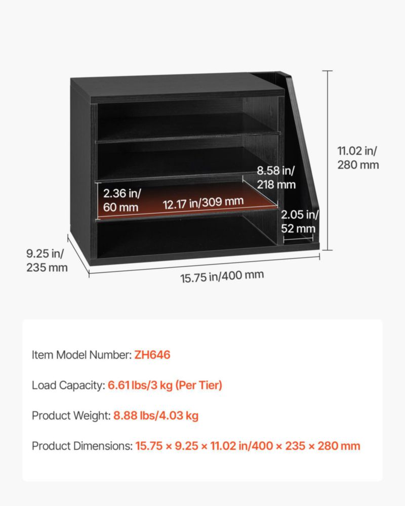 Organizador de documentos VEVOR de 4 compartimentos negro madera MDF