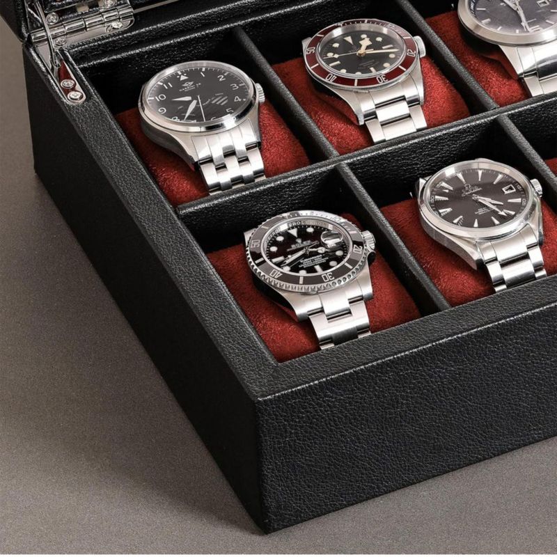 Caja de Relojes ROTHWELL de Cuero 10 Ranuras Negro/Rojo