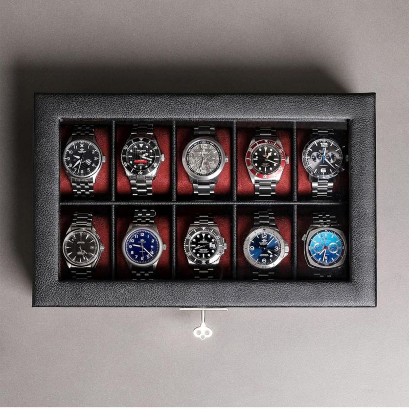 Caja de Relojes ROTHWELL de Cuero 10 Ranuras Negro/Rojo