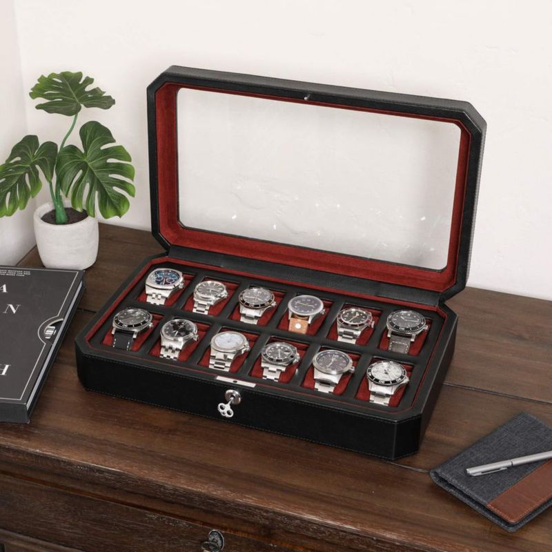 Caja para Relojes ROTHWELL de 12 Compartimentos en Cuero Negro/Rojo