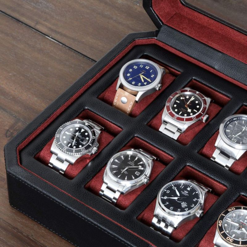 Caja para Relojes ROTHWELL de 12 Compartimentos en Cuero Negro/Rojo