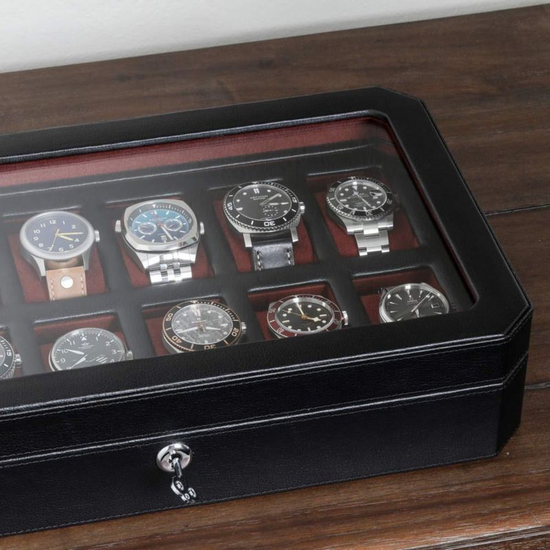Caja para Relojes ROTHWELL de 12 Compartimentos en Cuero Negro/Rojo