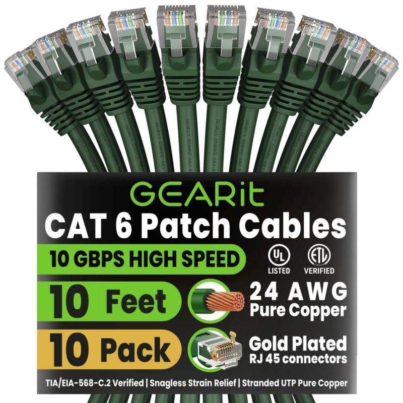 Cable Ethernet GEARit Cat6 verde de 3 m paquete de 10