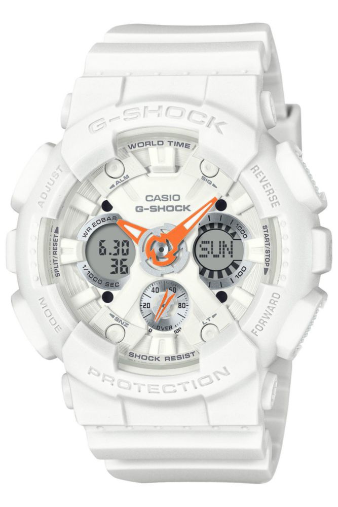 Reloj G‑Shock GMA‑S120 con correa blanca y naranja
