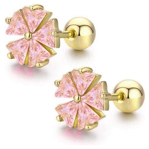 Aretes Broqueles Flor Cristales Oro 14k Laminado Bolita Niña Rosa