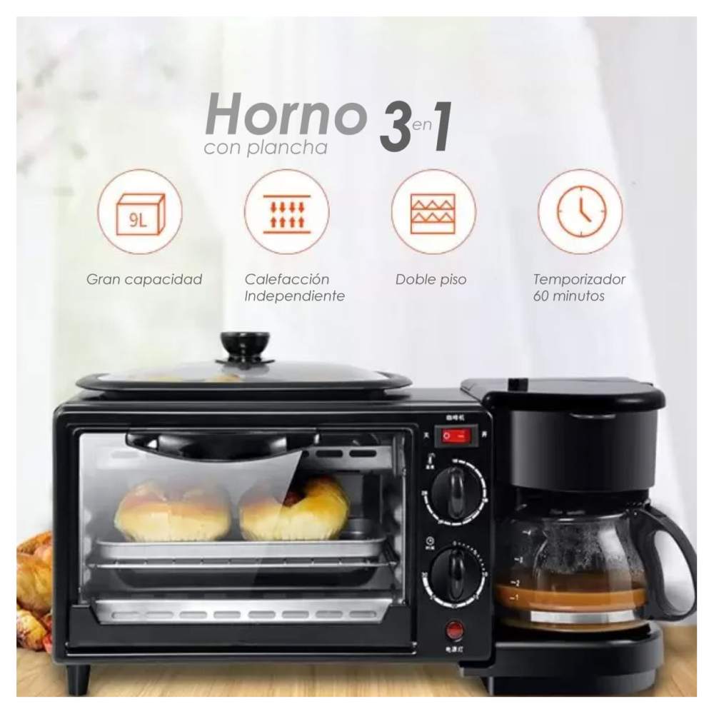 Horno 3 en 1 maquina de desayuno sarten cafetera mini horno