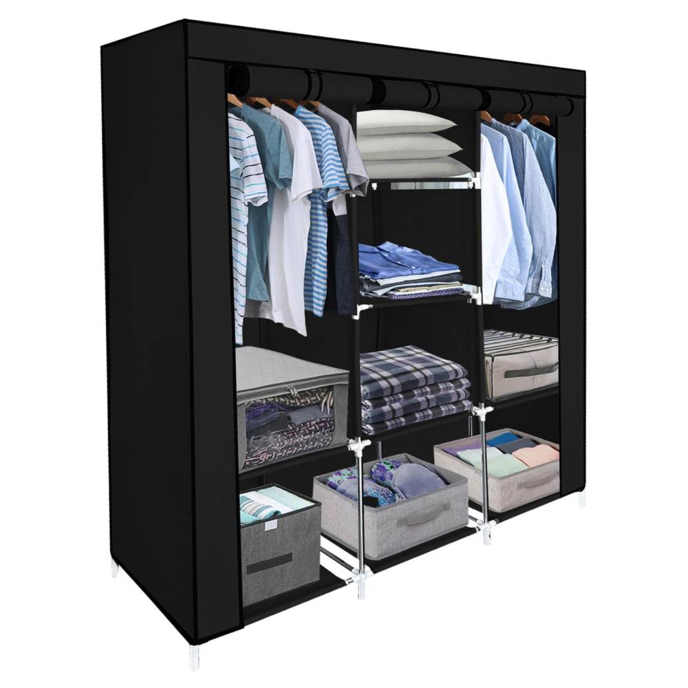 Armario plegable, armario para organizar ropa, utensilios, 6 estantes,  portátil, negro