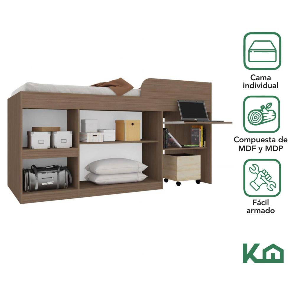 Cama Con Escritorio Litera Individual Madera Base KingsHouse