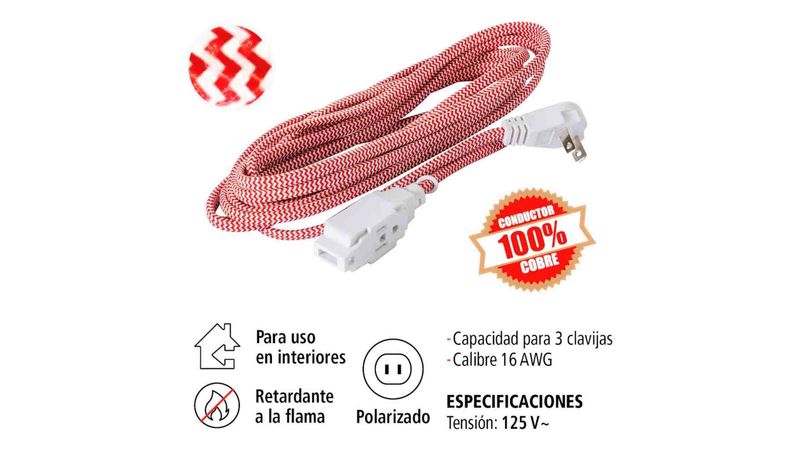 Extensión Eléctrica Trenzada IUSA, Color Rojo con Blanco, 16 AWG
