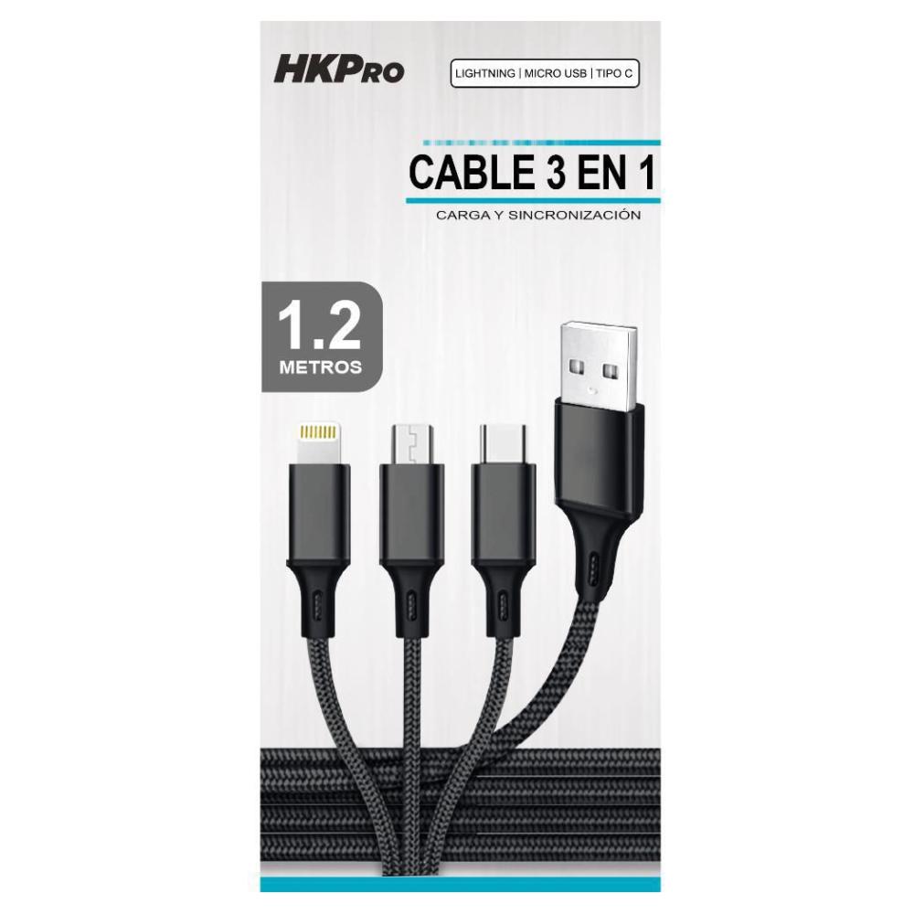 Cable 3 en 1 HKPro Lightning, Micro y Tipo C Negro