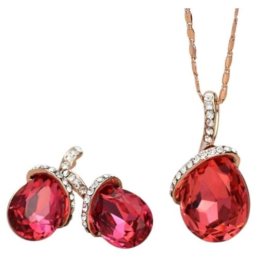 Collar Y Aretes Rubí Y Cristal Oro Rosa 18k Laminado