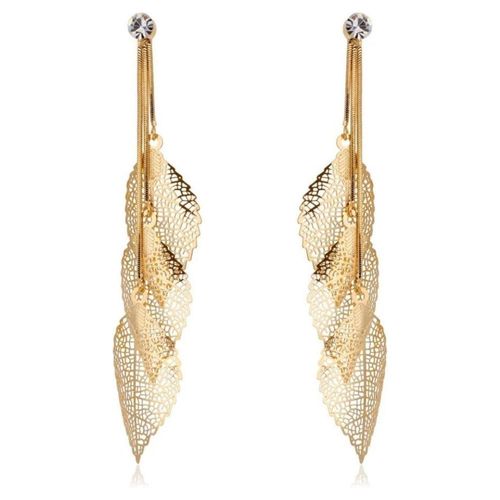 Aretes Largos Hojas Filigrana Cristal Oro 14k Laminado