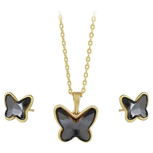 Collar Y Aretes Mariposa Cristal Oro 14k Laminado Negro