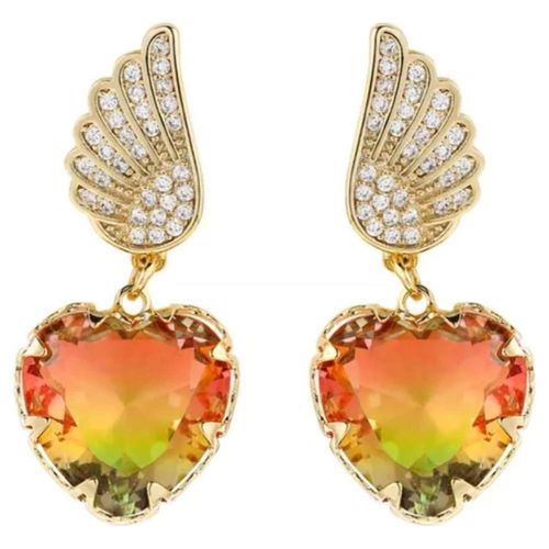 Aretes Alas Corazón Cristal Degradado Oro Laminado 14k Verde