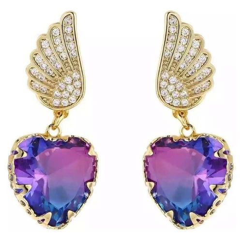 Aretes Alas Corazón Cristal Degradado Oro Laminado 14k Dorado